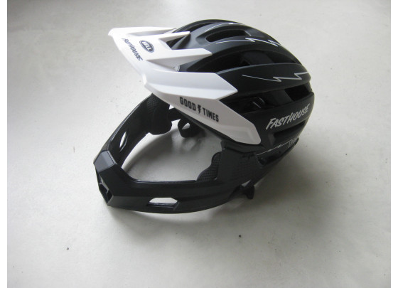 B-Ware: Bell Super Air Spherical Fahrradhelm, mit Kinnschutz, Größe M, mattschwarz / weiß fasthouse